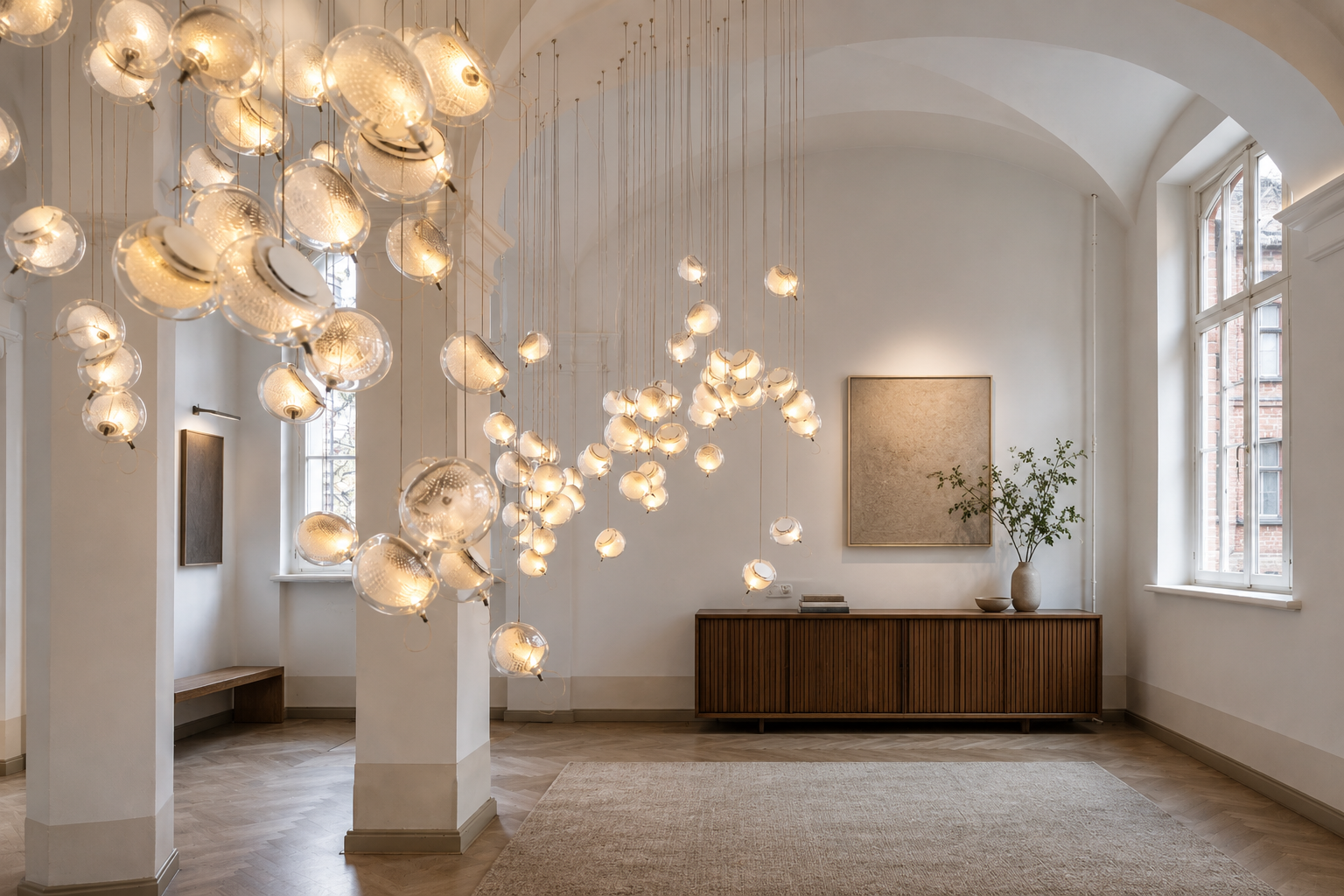 Modern designer lighting installation featuring suspended glass pendant lights in a refined contemporary interior with vaulted ceilings, warm wood furnishings, neutral décor, and abundant natural light.