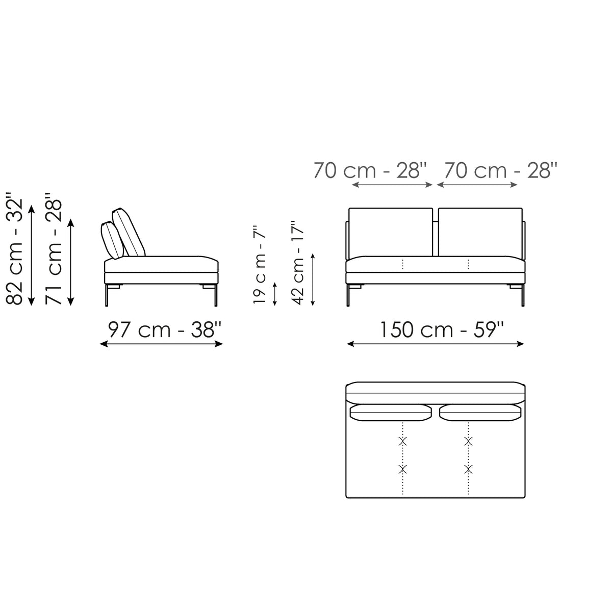 Bonaldo Aliante - Center section sofa 150 - dimension drawing
