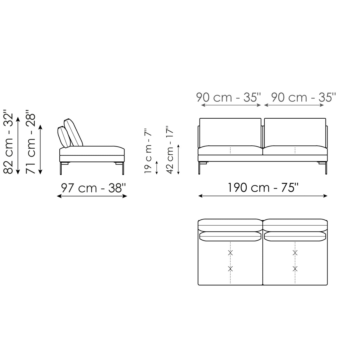 Bonaldo Aliante - Center section sofa 190 - dimension drawing