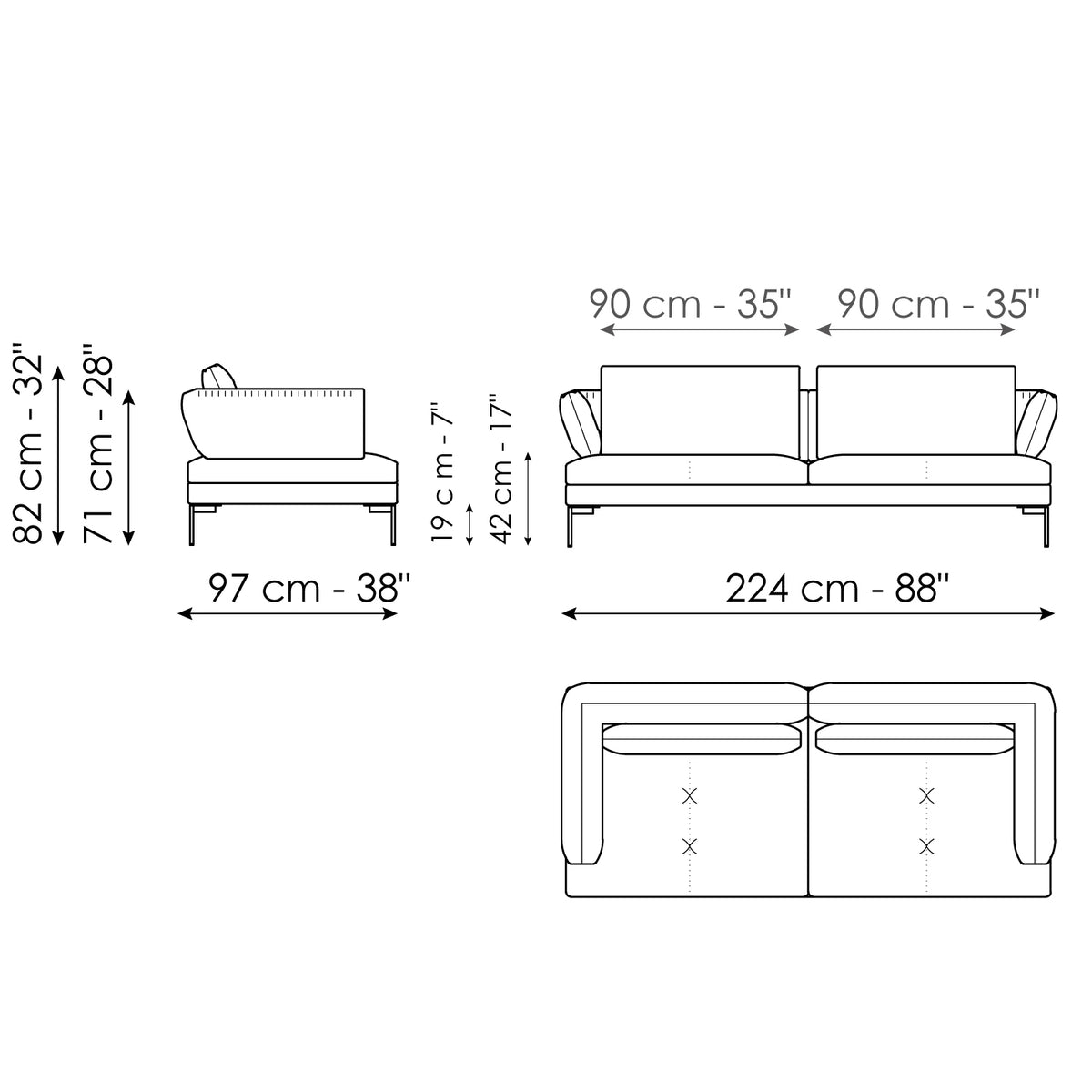 Bonaldo Aliante - Sofa 224 - size drawing