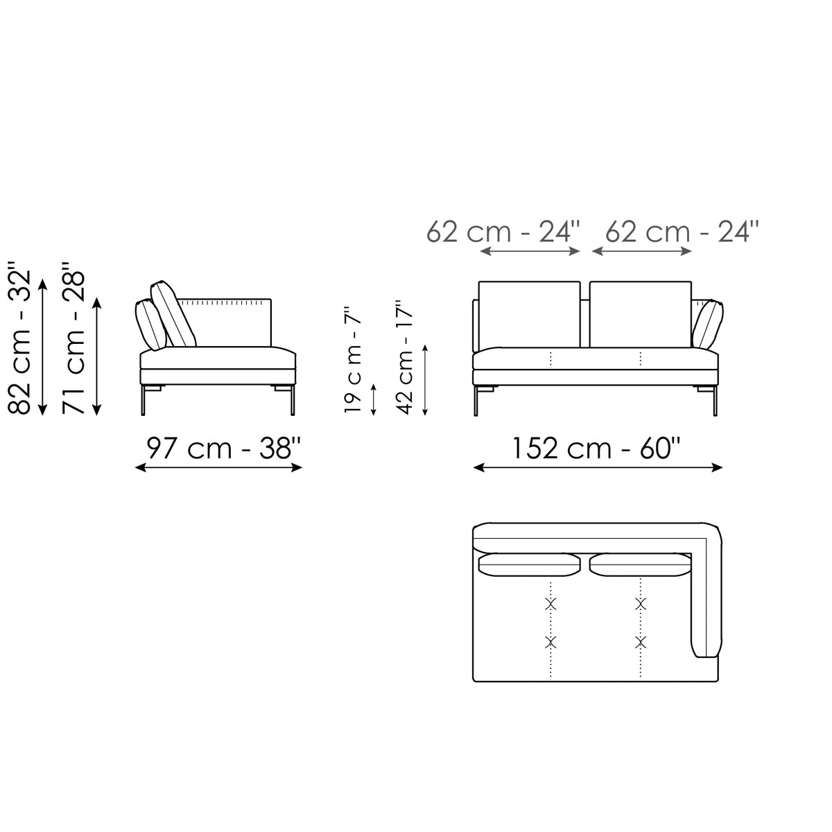 Bonaldo Aliante - End section sofa 152 - size drawing