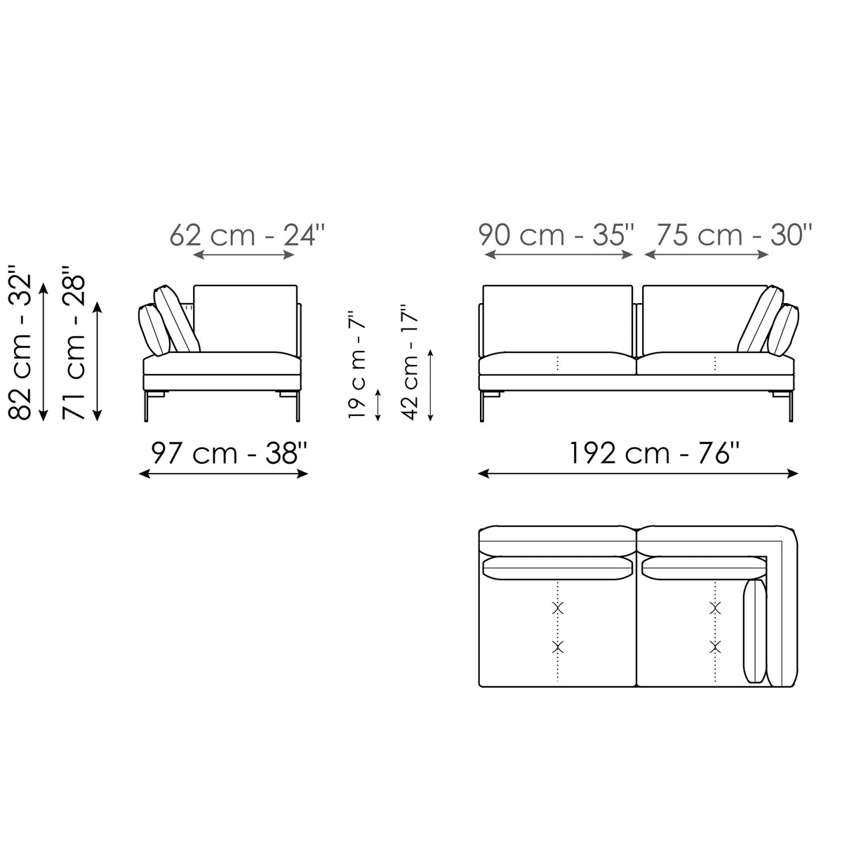 Bonaldo Aliante - End section corner sofa 192 - size drawing