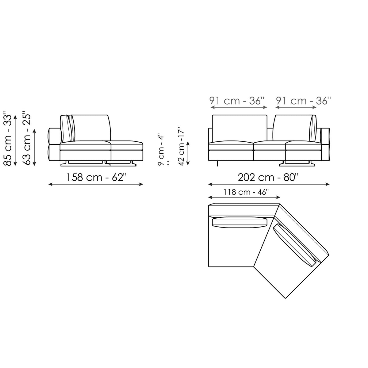 Bonaldo Ever More - Semi-corner - dimension drawing