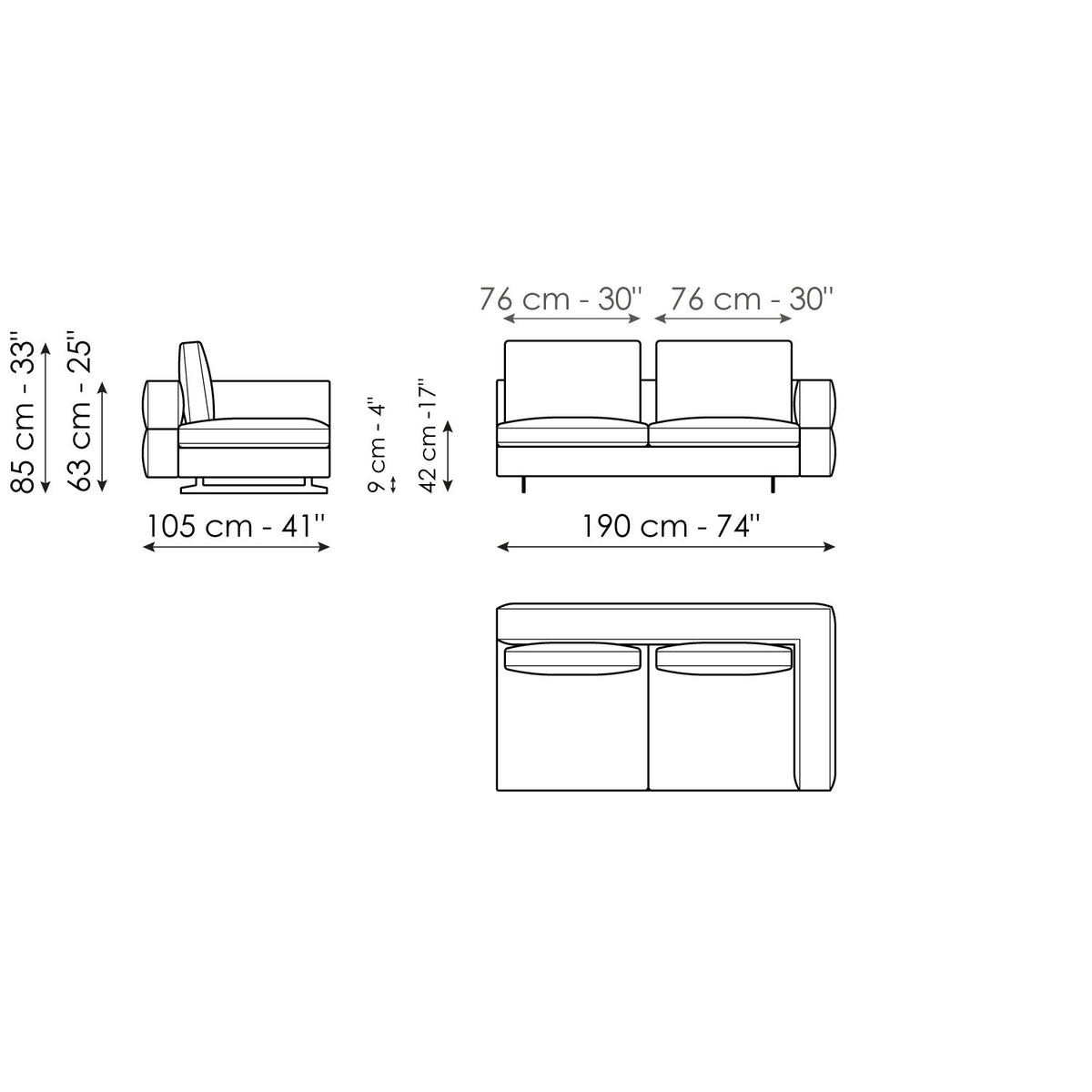 Bonaldo Ever More - End section sofa 190 - size drawing