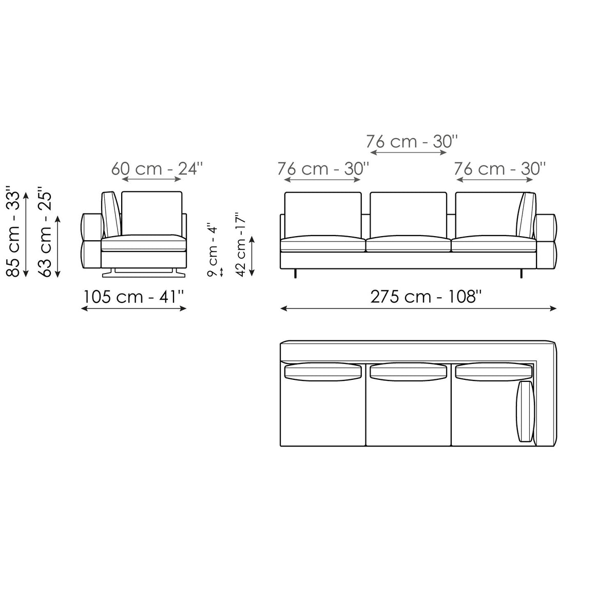 Bonaldo Ever More - End section corner sofa 275 - size drawing