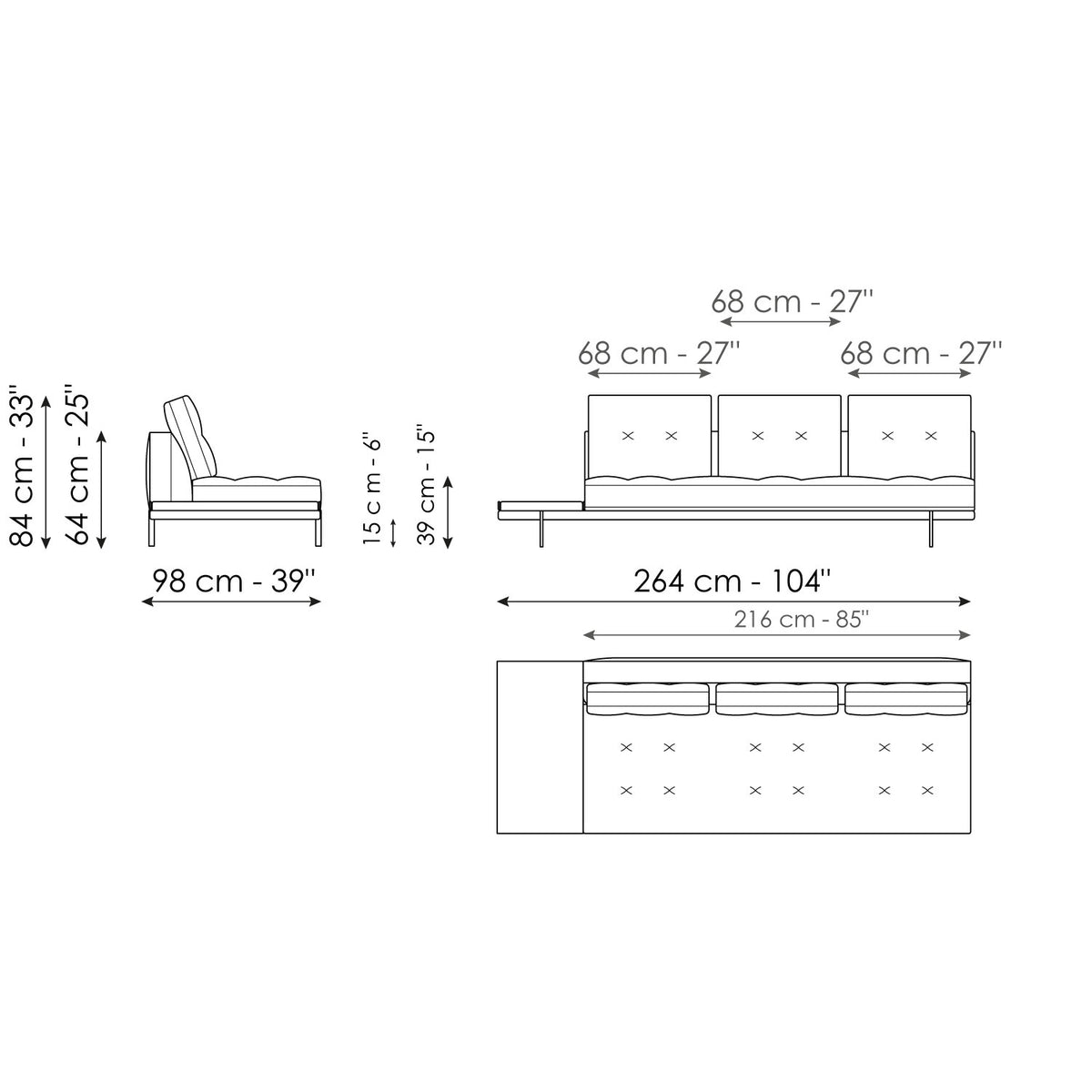 Bonaldo Maximilian - Central section with tray 264 - dimension drawing