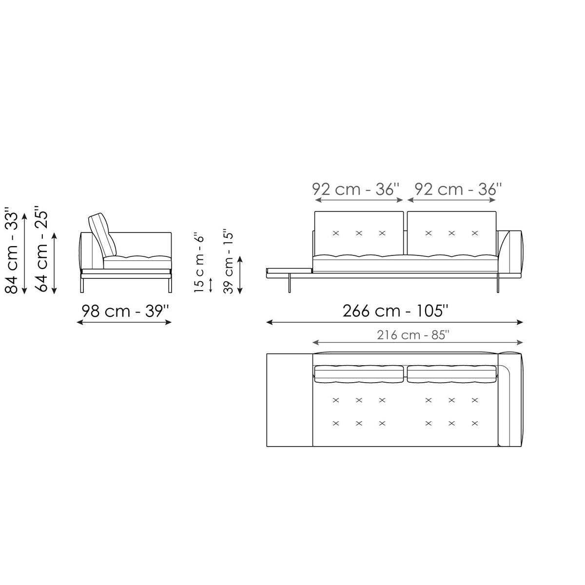 Bonaldo Maximilian - End section with tray 266 - dimension drawing