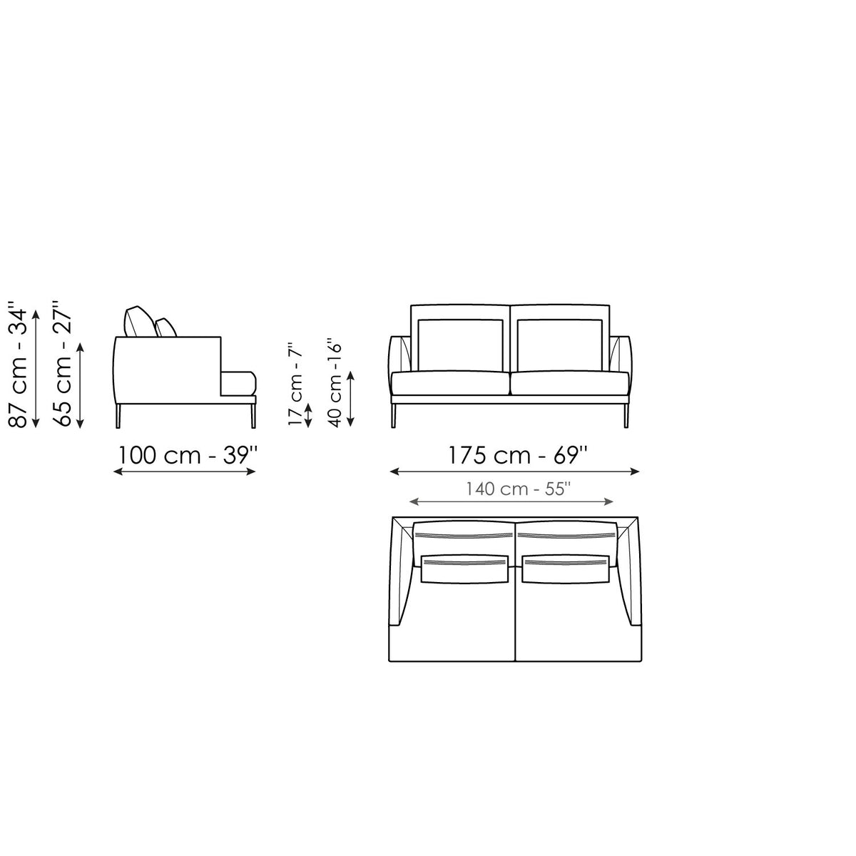 Bonaldo Paraiso - Sofa 175 - size drawing
