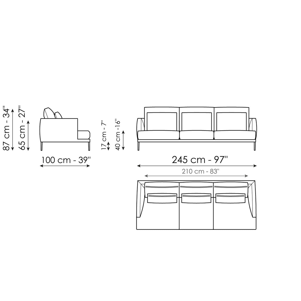 Bonaldo Paraiso - Sofa 245 - 3 seats - size drawing