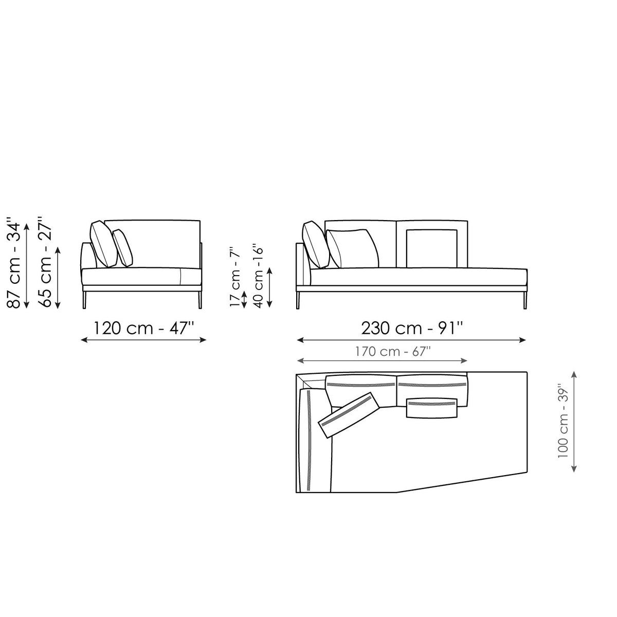 Bonaldo Paraiso - Meridiana 230 x 120 - size drawing