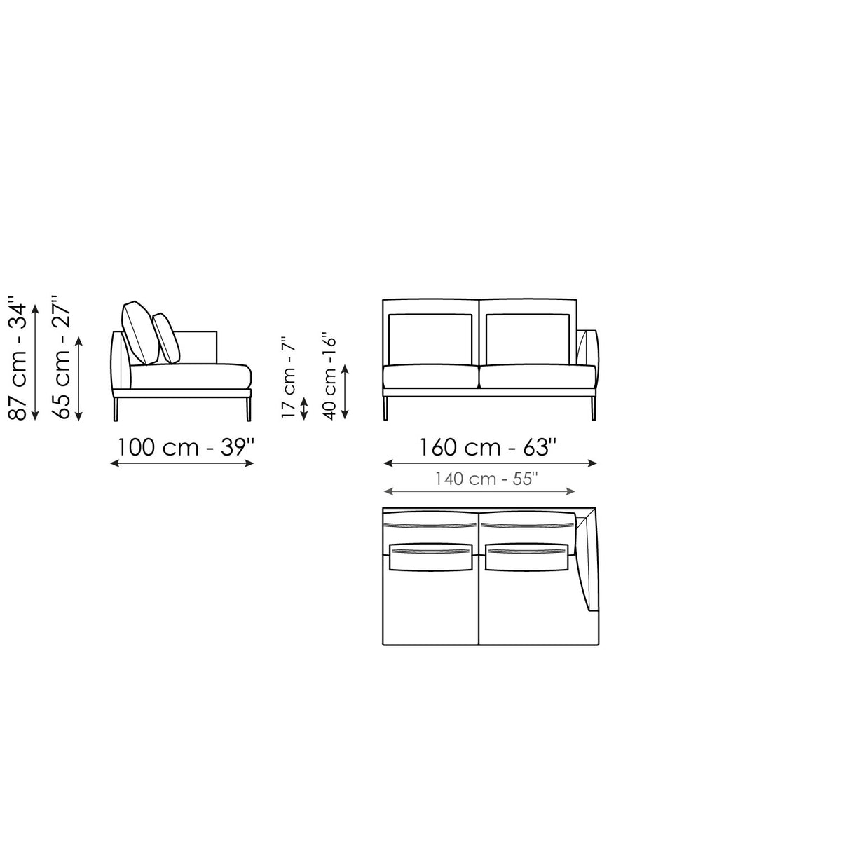 Bonaldo Paraiso - End section sofa 160 - size drawing