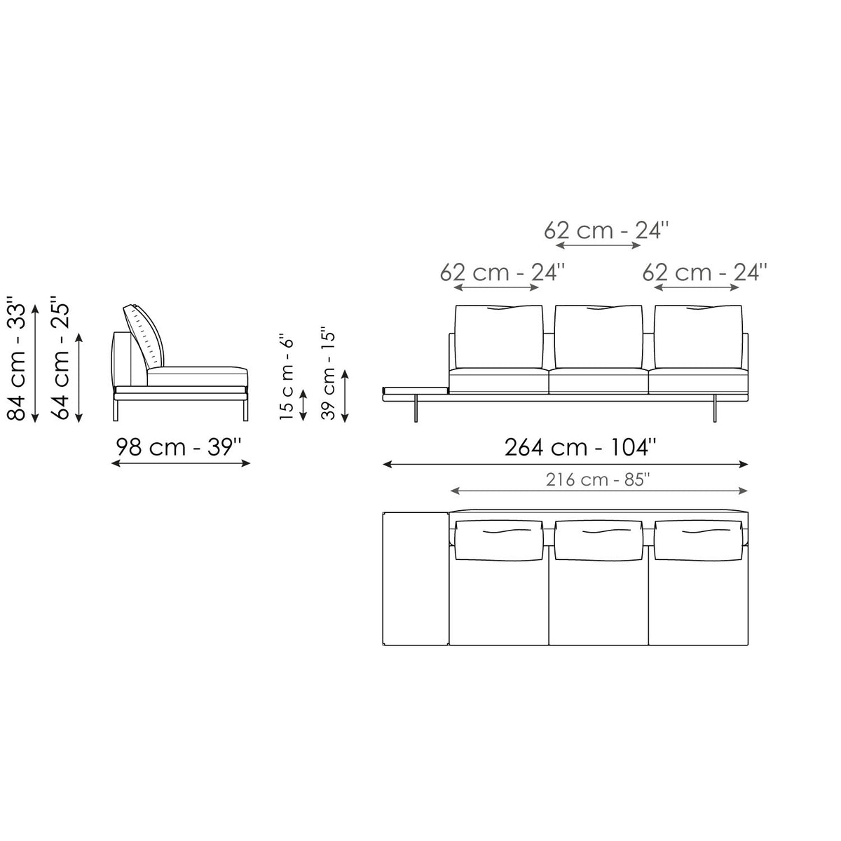 Bonaldo Phil - Center section with tray 264 - size drawing