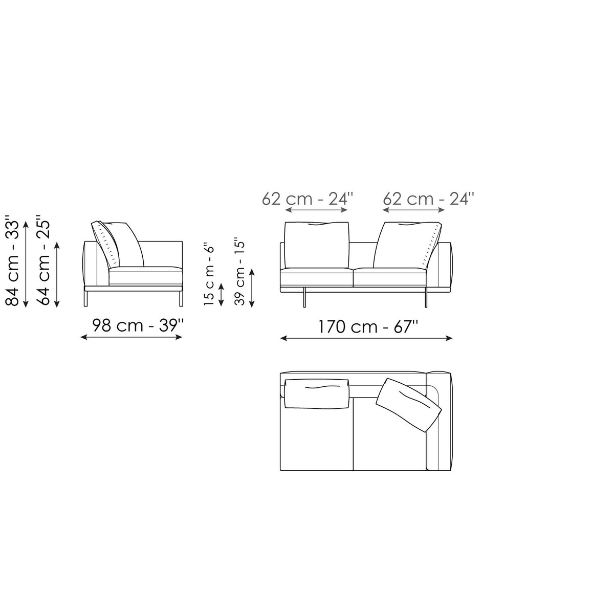Bonaldo Phil - End section sofa 170 - size drawing