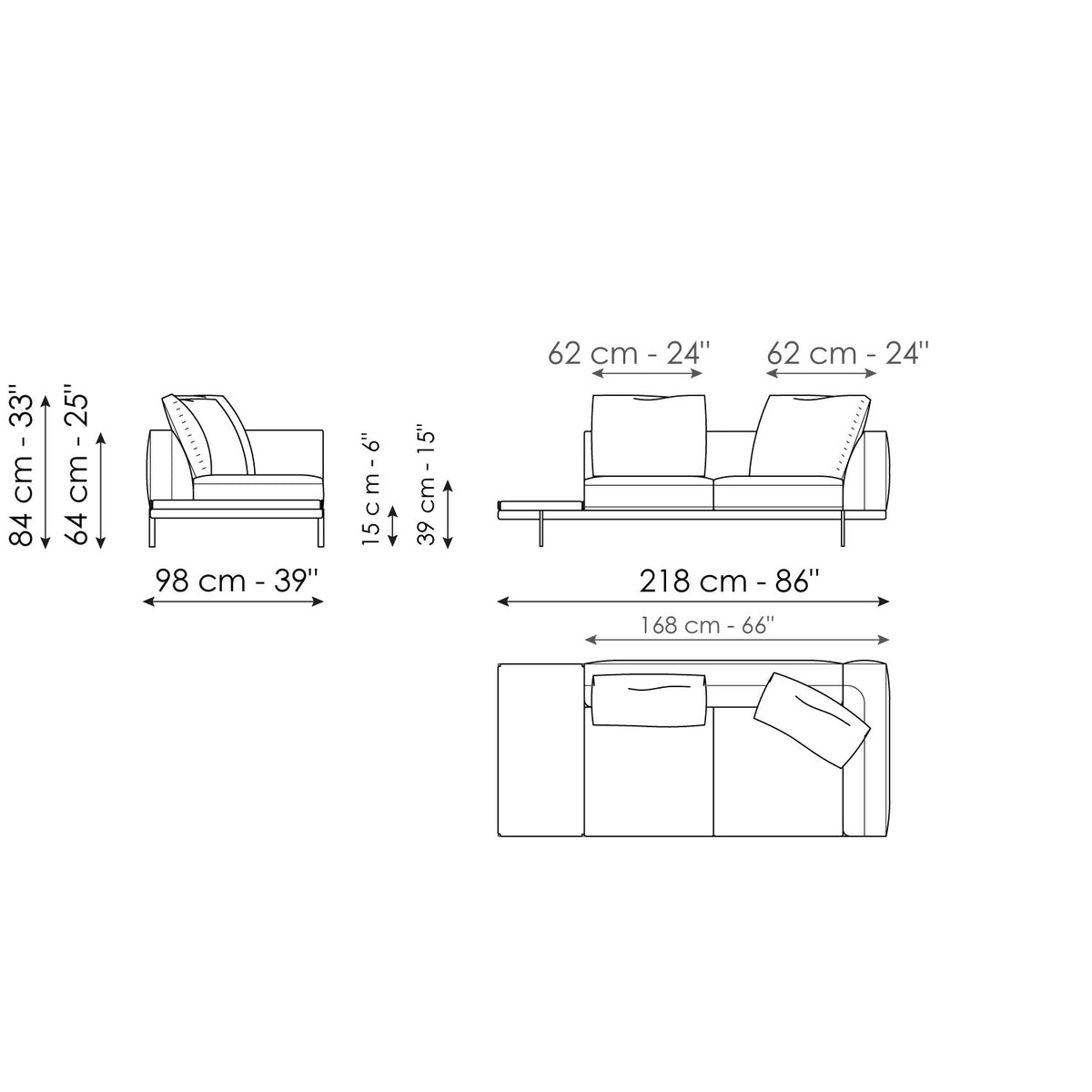 Bonaldo Phil - End section sofa with tray 218 - size drawing