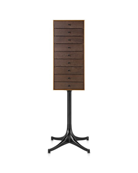 Teak case with Dark Brown drawers, Black pedestal, and Black pulls