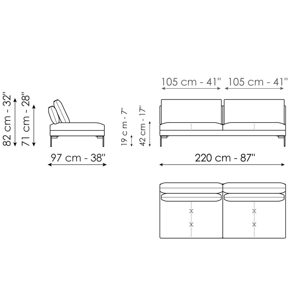Bonaldo Aliante - Center section sofa 220 - size drawing