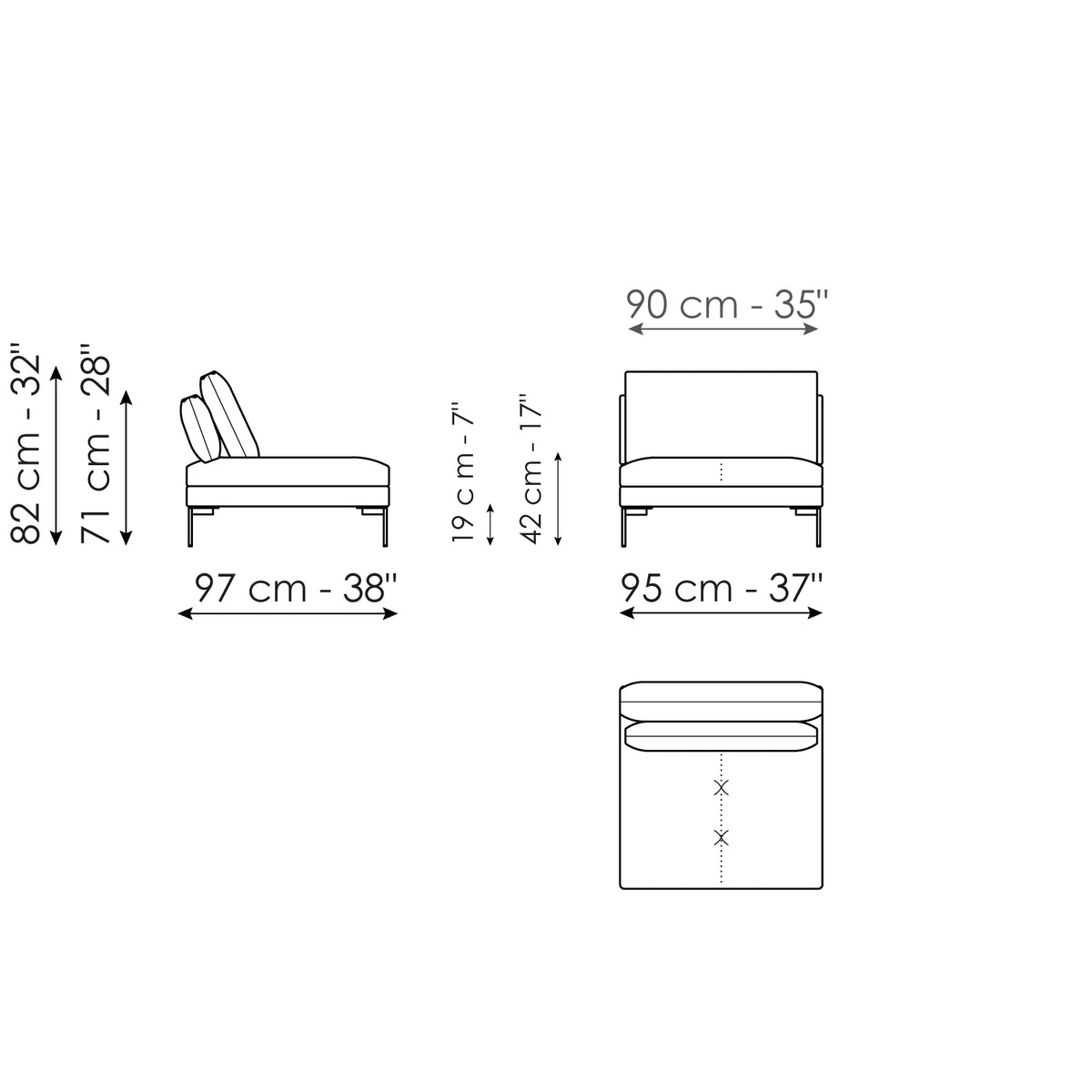 Bonaldo Aliante - Center section sofa 95 - dimension drawing