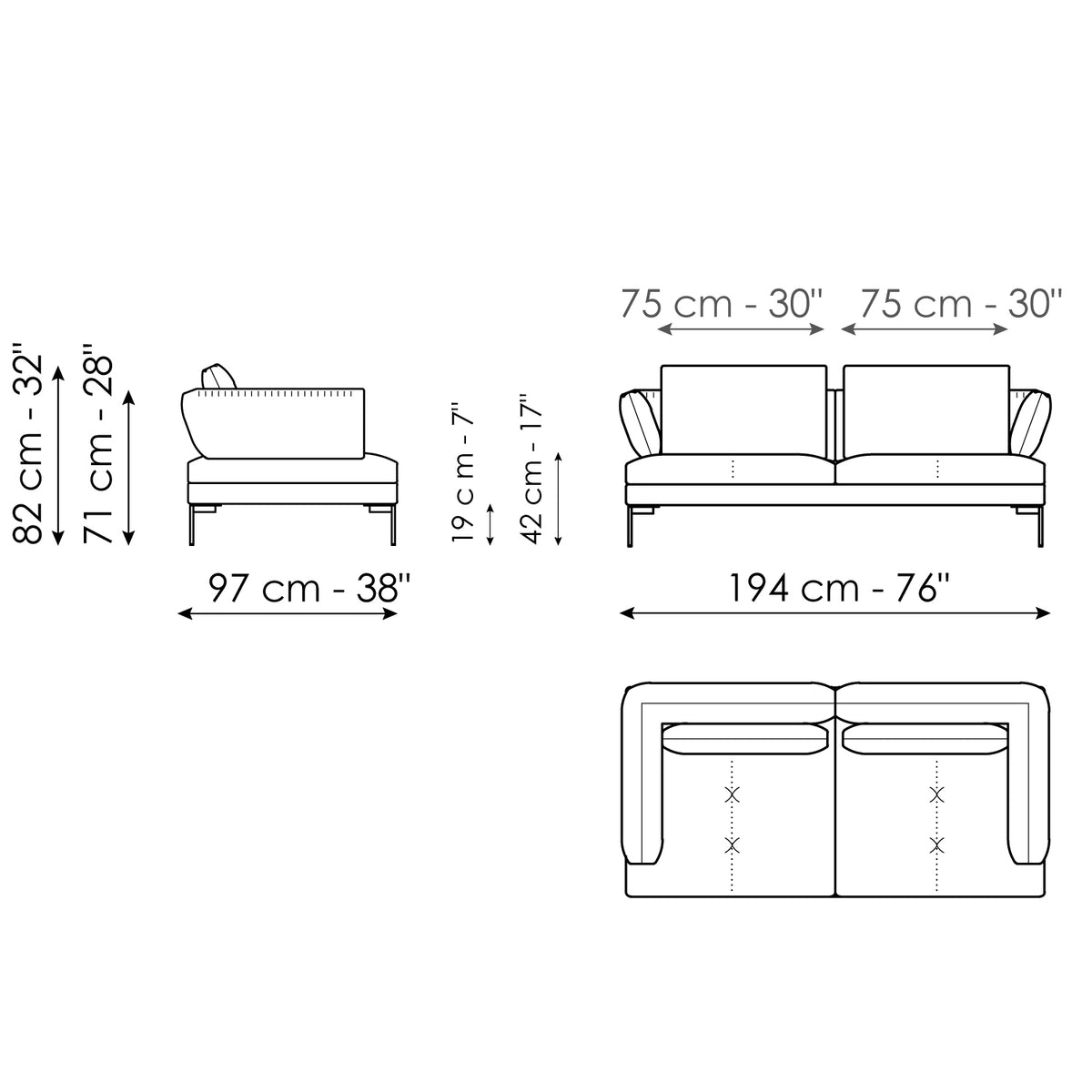 Bonaldo Aliante - Sofa 194 - size drawing
