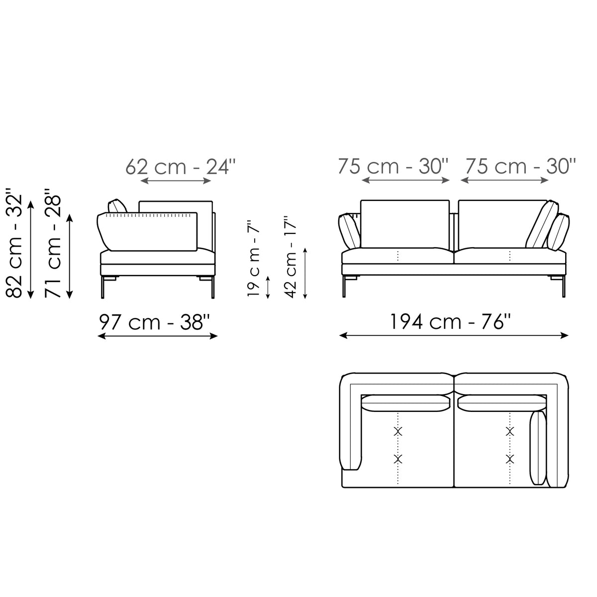 Bonaldo Aliante - Corner sofa 194 - size drawing