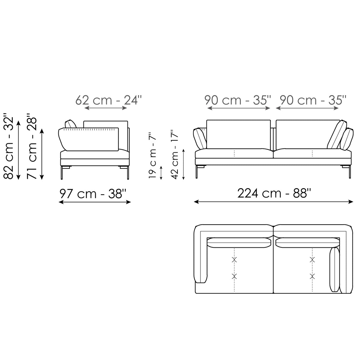 Bonaldo Aliante - Corner sofa 224 - size drawing