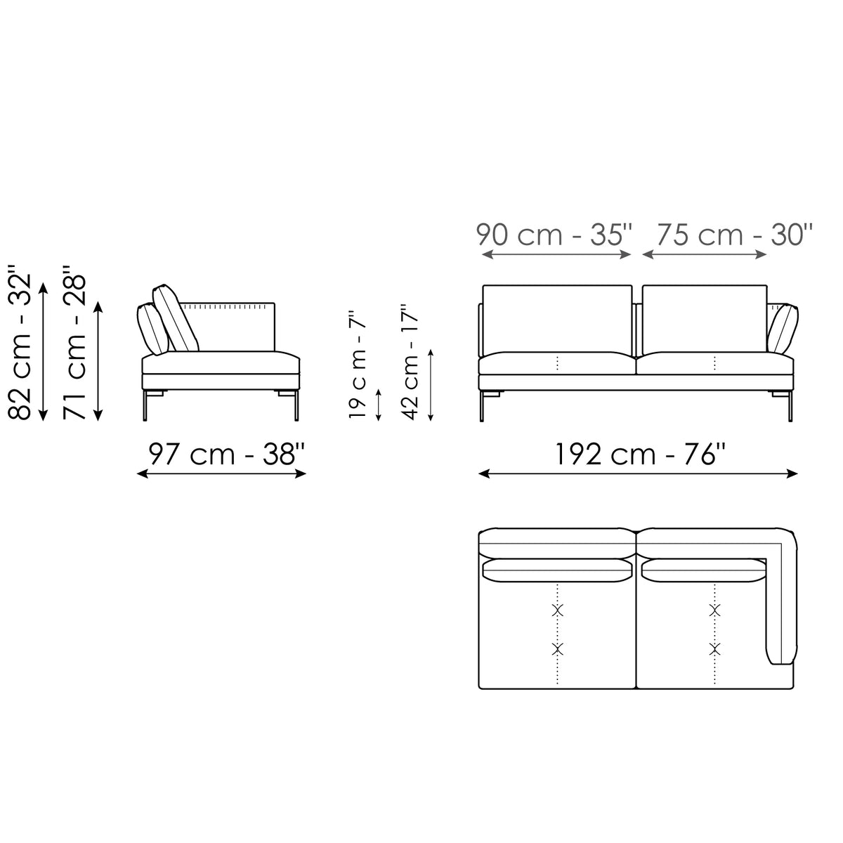 Bonaldo Aliante - End section sofa 192 - size drawing