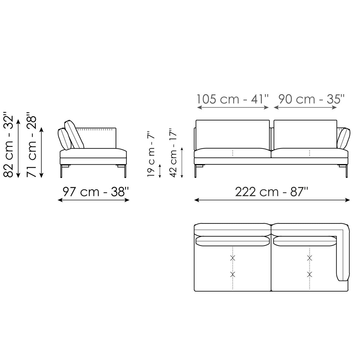 Bonaldo Aliante - End section sofa 222 - size drawing
