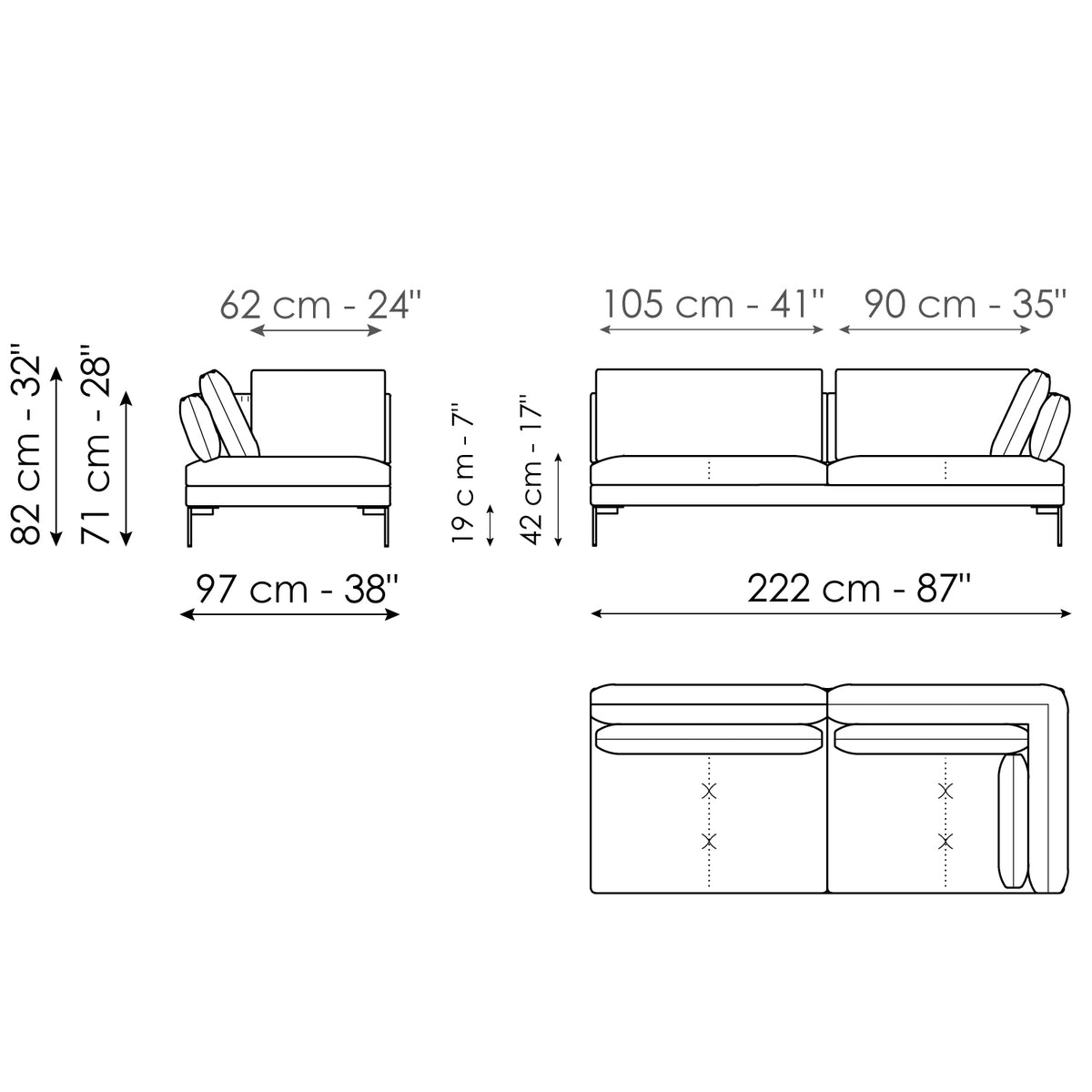 Bonaldo Aliante - End section corner sofa 222 - size drawing