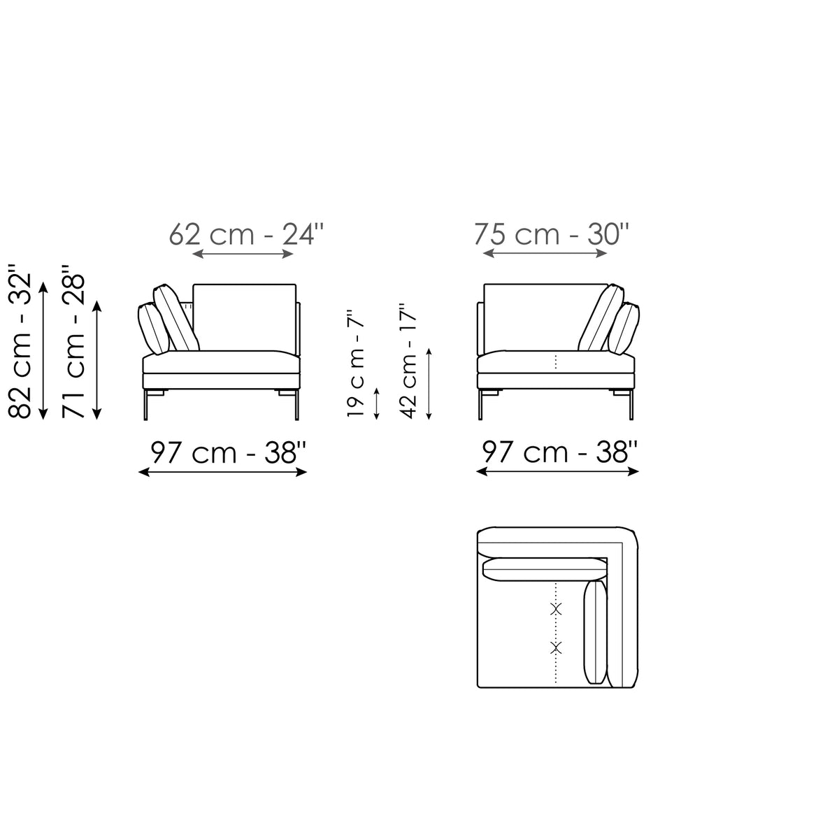 Bonaldo Aliante - End section sofa 97 - dimension drawing