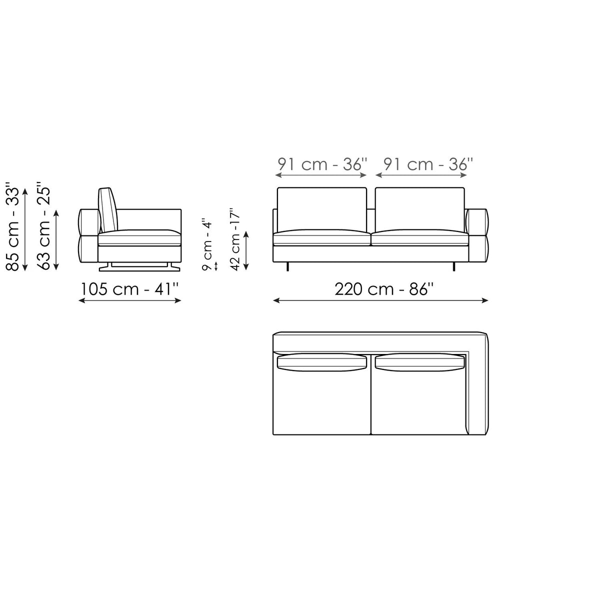 Bonaldo Ever More - End section sofa 220 - size drawing