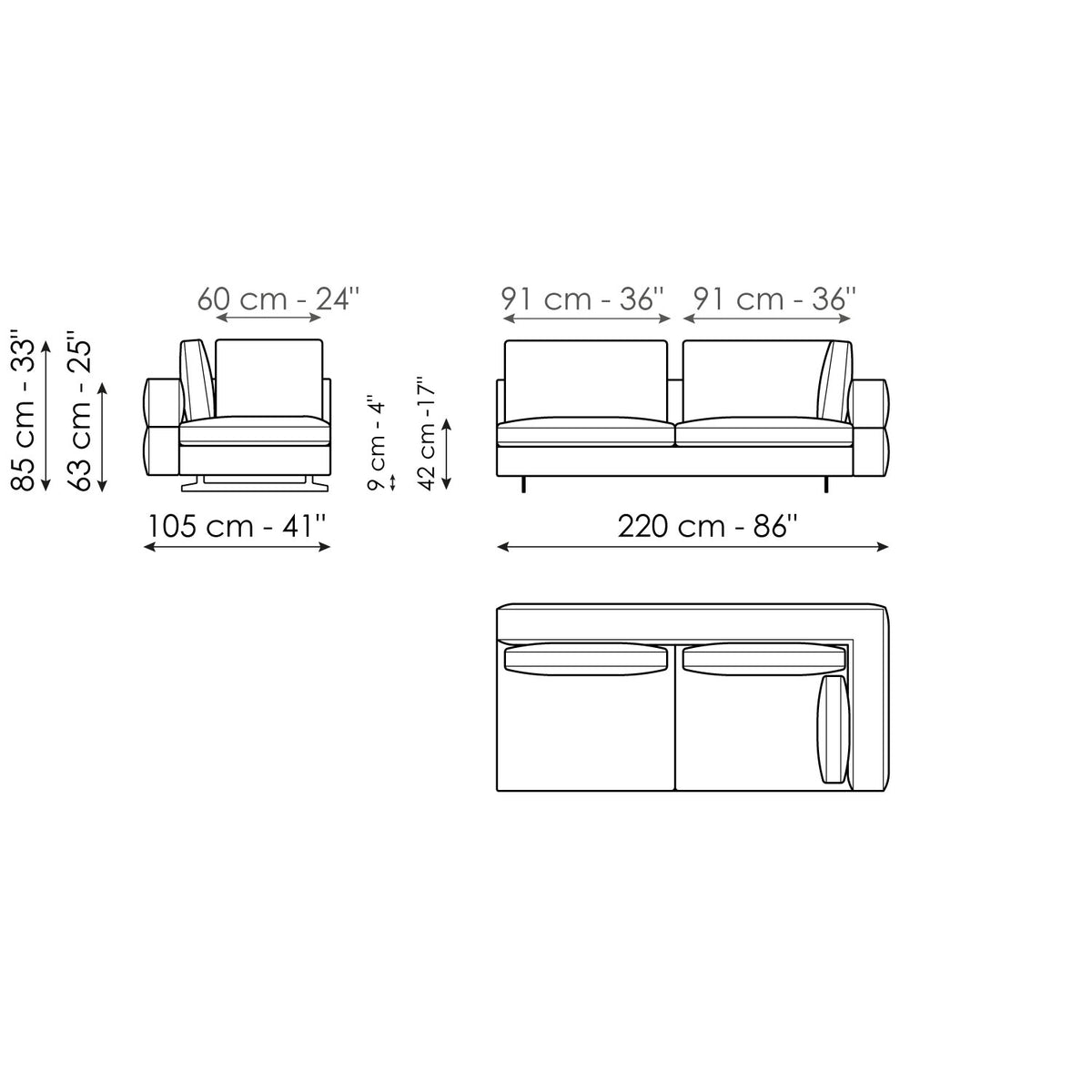 Bonaldo Ever More - End section corner sofa 220 - size drawing