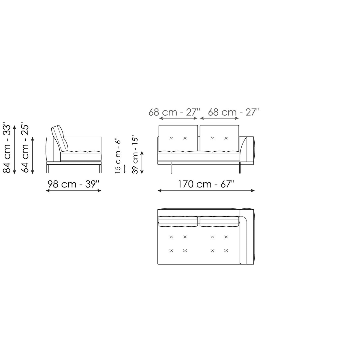 Bonaldo Maximilian - End section sofa 218 - size drawing