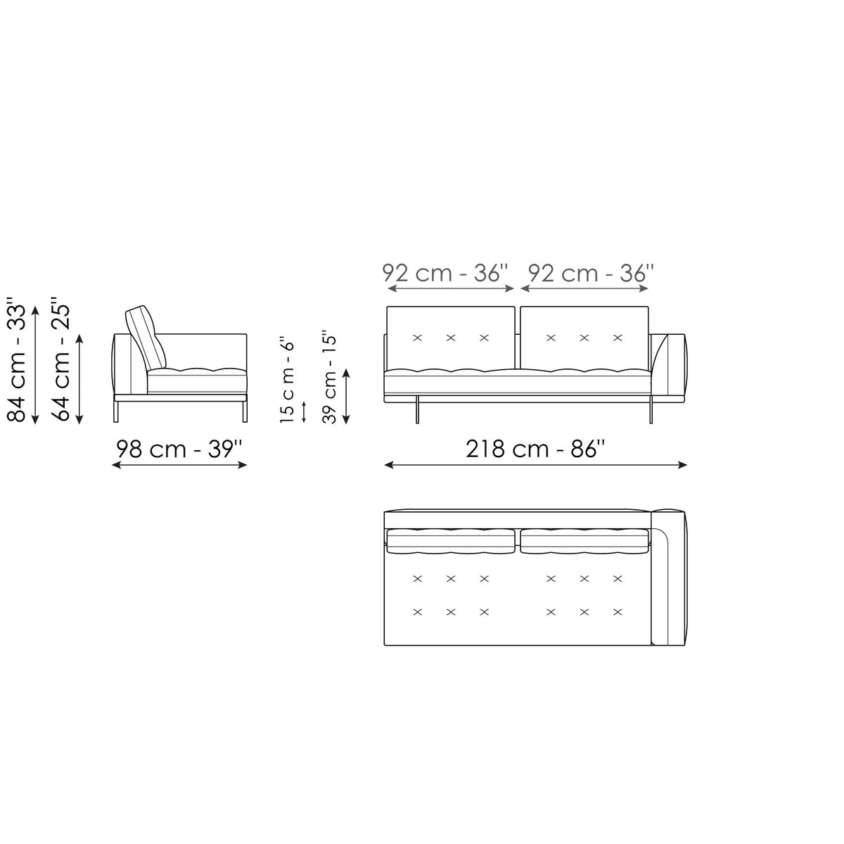 Bonaldo Maximilian - End section sofa 170 - size drawing