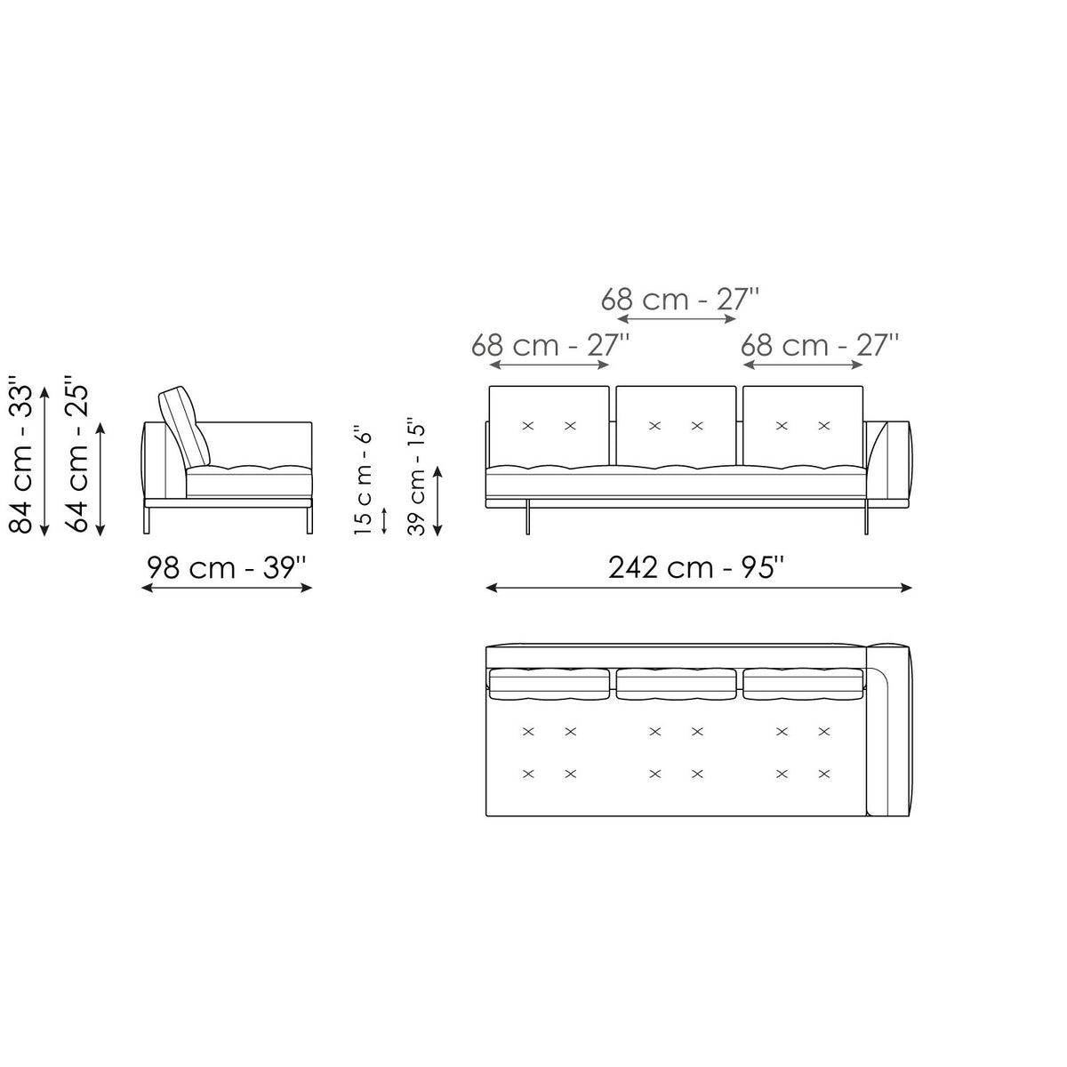 Bonaldo Maximilian - End section sofa 242 - size drawing