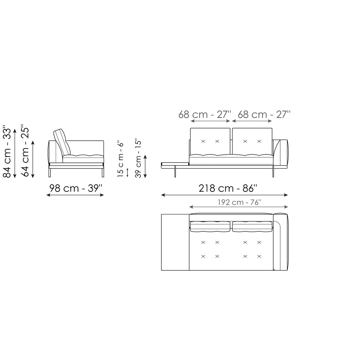 Bonaldo Maximilian - End section with tray 218 - dimension drawing