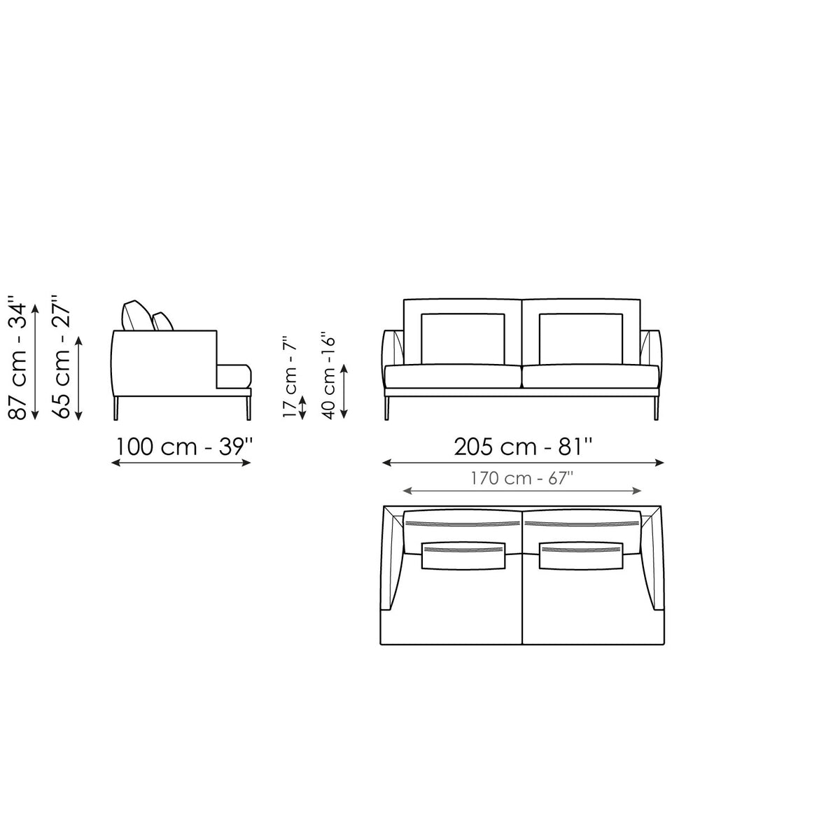 Bonaldo Paraiso - Sofa 205 - size drawing