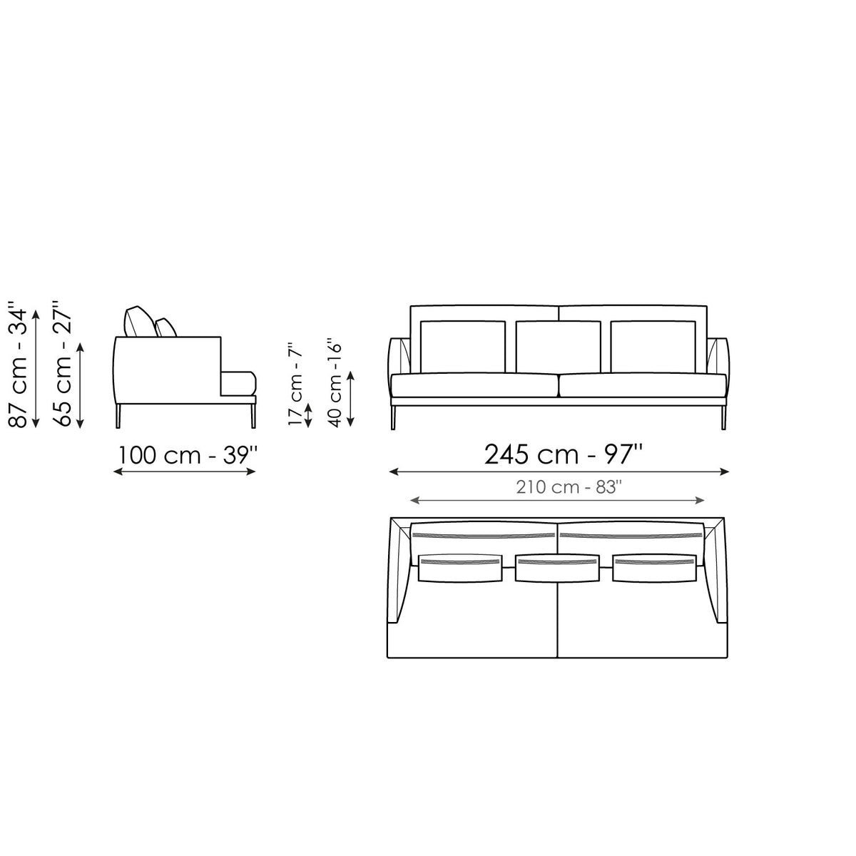 Bonaldo Paraiso - Sofa 245 - 2 seats - size drawing