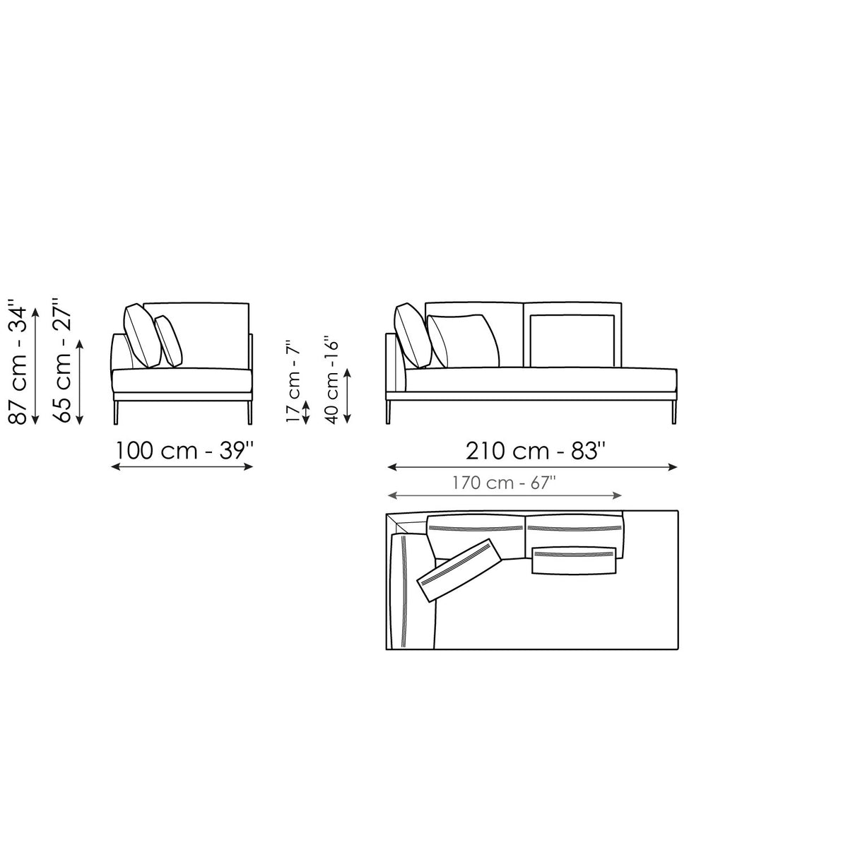 Bonaldo Paraiso - Meridiana 210 x 100 - size drawing