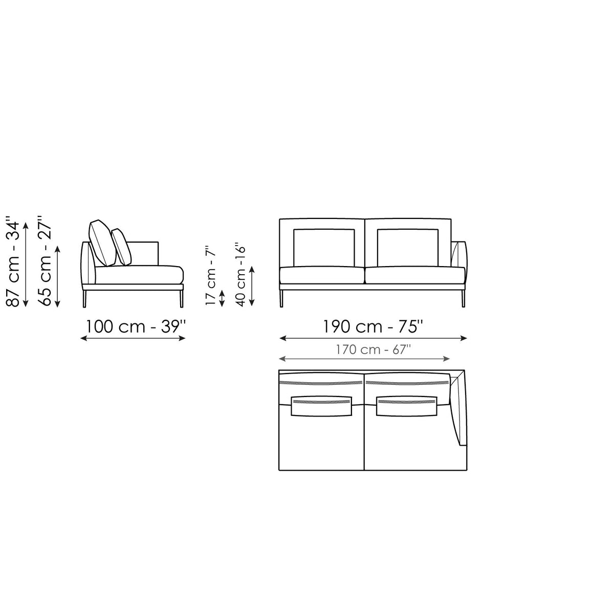 Bonaldo Paraiso - End section sofa 190 - size drawing