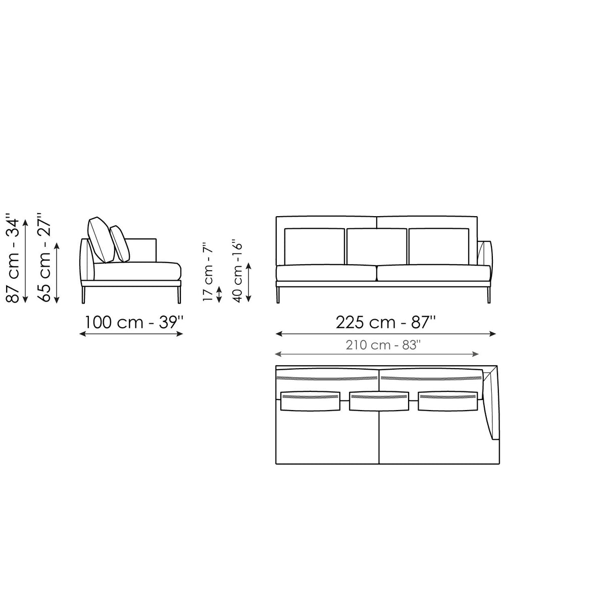 Bonaldo Paraiso - End section sofa 225 - 2 seats - size drawing