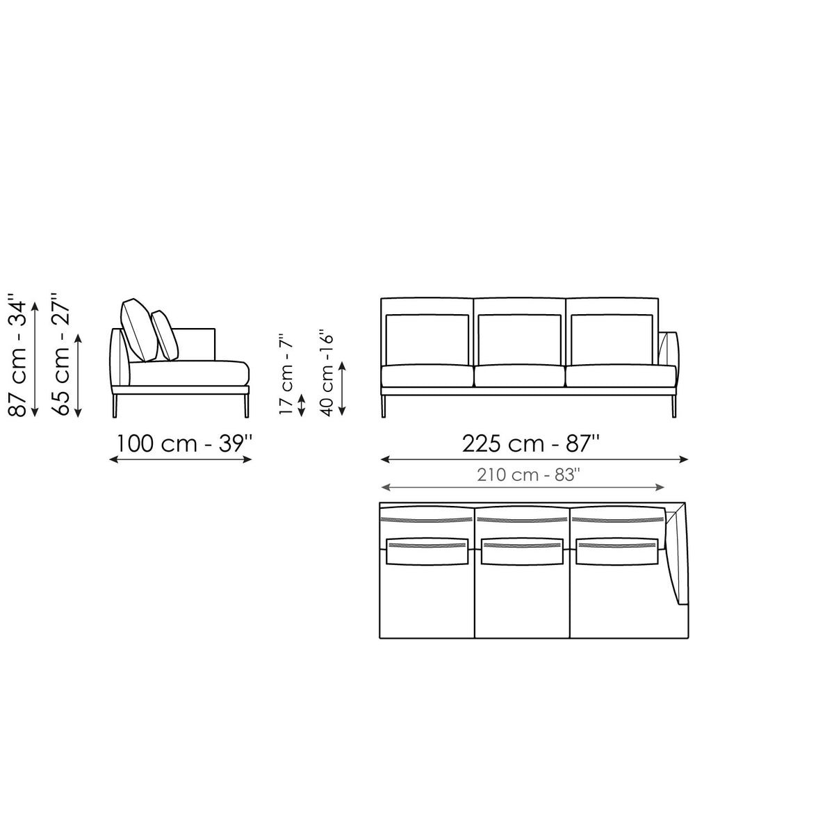 Bonaldo Paraiso - End section sofa 225 - 3 seats - size drawing