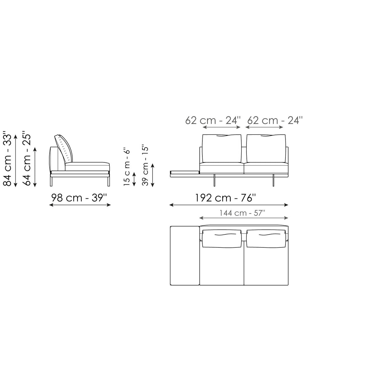 Bonaldo Phil - Center section with tray 192 - size drawing