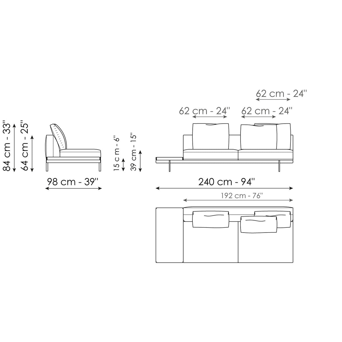 Bonaldo Phil - Center section with tray 240 - size drawing