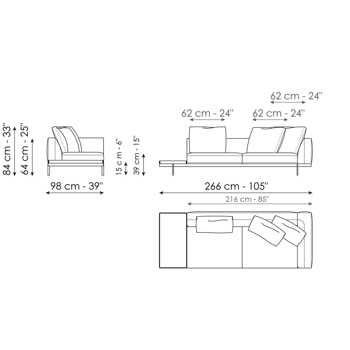 Bonaldo Phil - End section sofa with tray 266 - size drawing