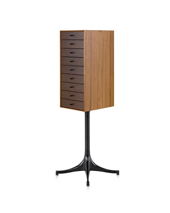 Teak case with Dark Brown drawers, Black pedestal, and Black pulls